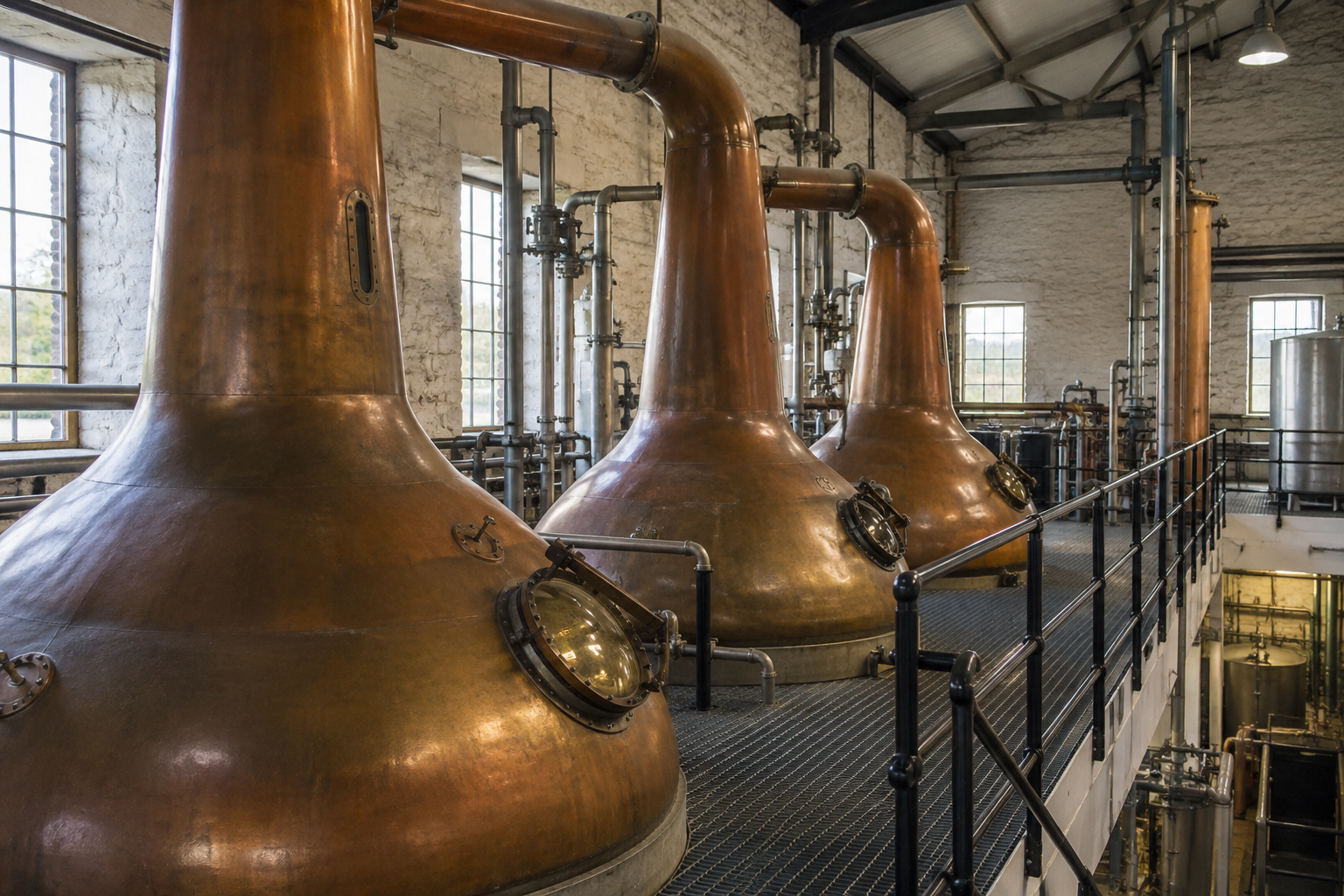 Copper pot stills in a Scottish stillhouse, illustrating Heriot-Watt whisky research on stronger wash in Scotland.
