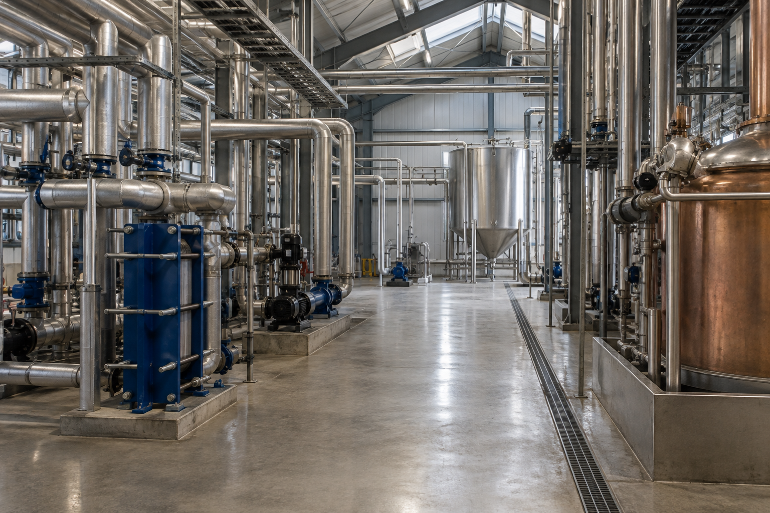 Insulated pipework, pumps and a plate heat exchanger beside a clear access aisle in a new distillery plant room.